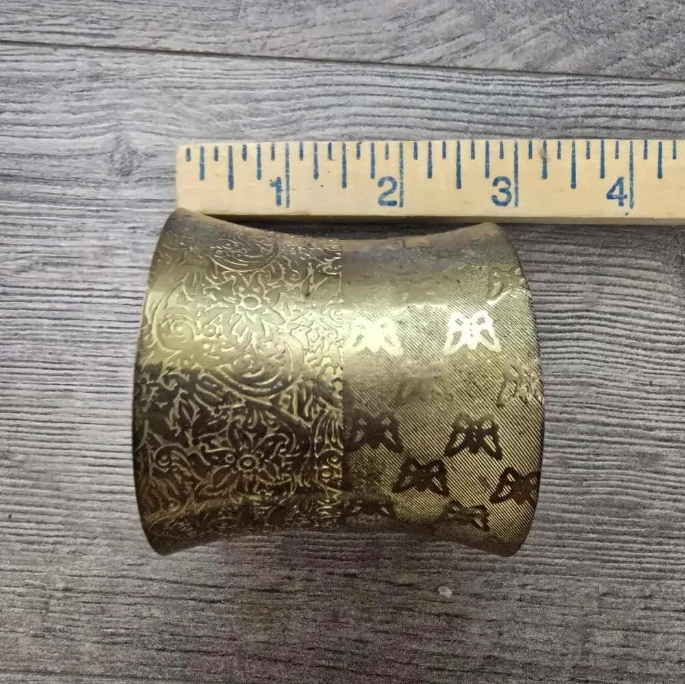 Brass Wide Cuff Bracelet Floral Butterfly Gold Boho Chunky Statement